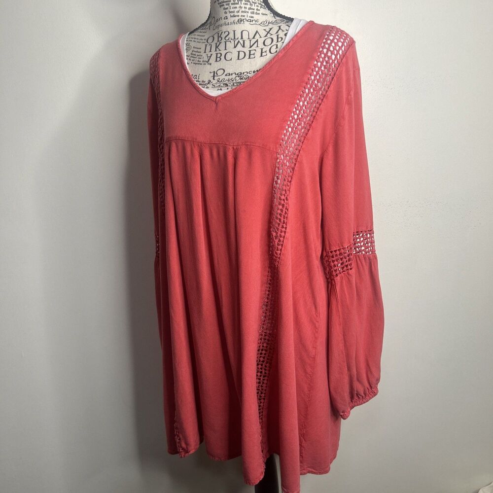 Anandas Coral Red/Orange Boho Tunic Peasant Blouse Blouse Size XXL Hippie